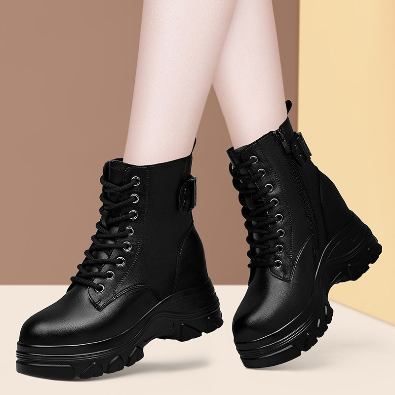 黑色马丁靴女款2025新款冬季加绒保暖软底皮靴厚底增高英伦风短靴