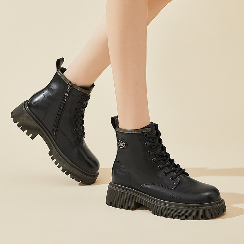 厚底马丁靴女款英伦风2025新款冬季加绒加厚棉靴子黑色时尚短靴子
