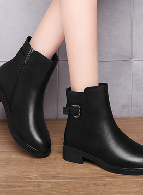 黑色短靴女款2025新款春秋季厚底单靴侧拉链冬款加绒保暖棉靴短靴