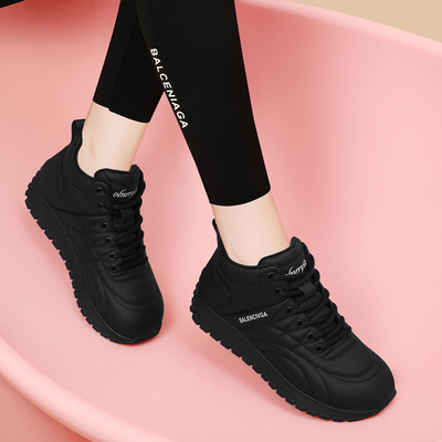 黑色运动鞋女款2025新款冬季加绒爆款百搭软底舒适休闲旅游真皮鞋