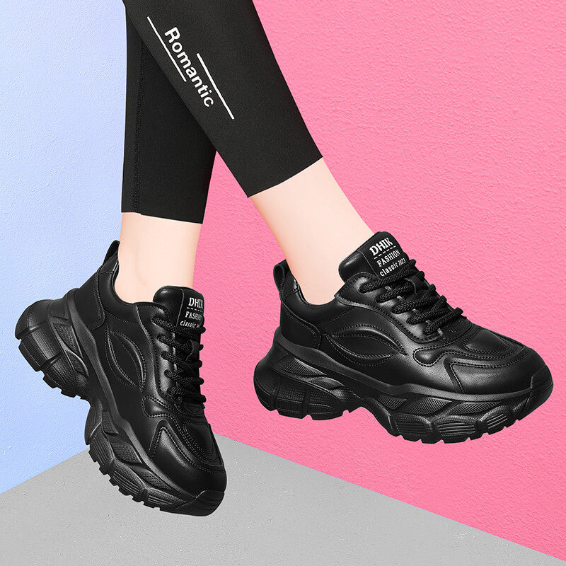 厚底老爹鞋2025新款春秋季网红爆款软底轻便黑色休闲运动真皮女鞋