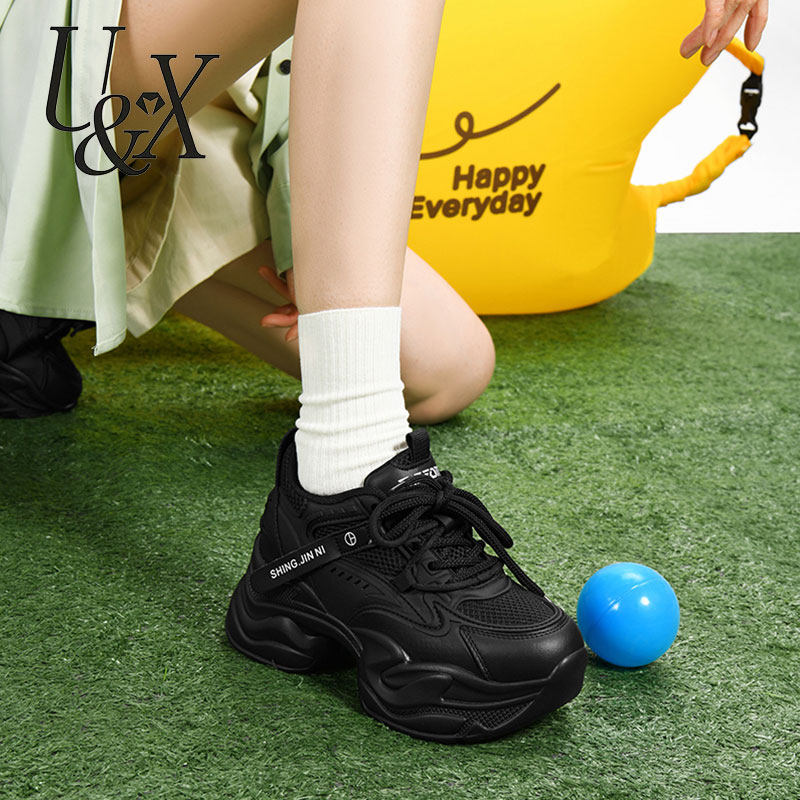 厚底内增高老爹鞋女小个子2025新款春秋超轻便软底黑色休闲运动鞋