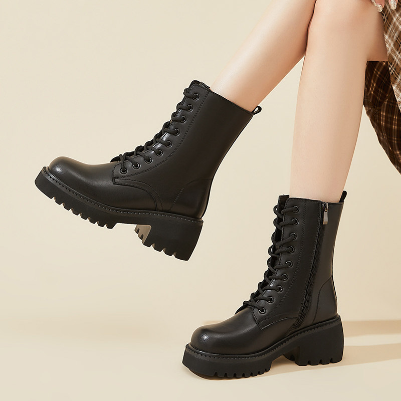 黑色厚底马丁靴女款2025新款春秋冬季中筒系带机车靴百搭增高短靴