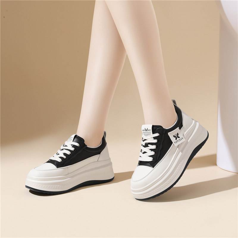 休闲运动鞋女款2025新款春秋季厚底增高小个子配裙子真皮平底板鞋