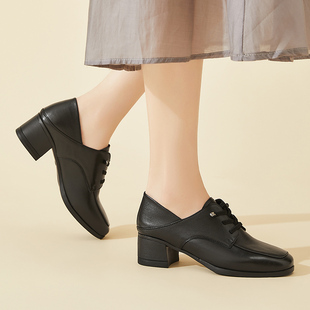 方头粗跟英伦风小皮鞋女2026春季新款真皮软底久站不累脚职业单鞋