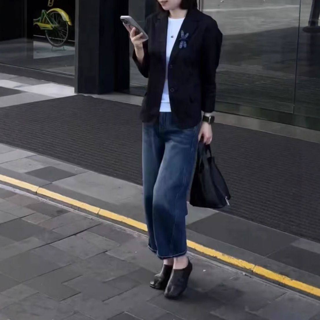 2025秋季新品韩版黑色长袖西装外套女休闲显瘦西服复古百搭牛仔裤