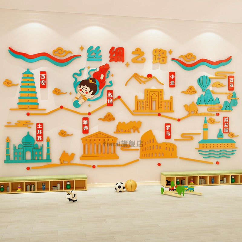 幼儿园墙面装饰传统文化墙丝绸之路教室布置走廊楼道环创材料主题