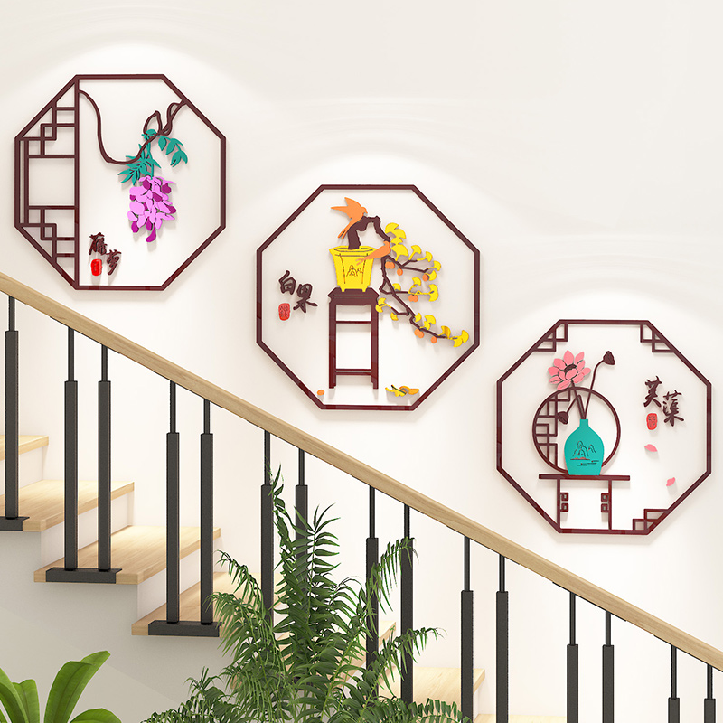 饭店包厢间楼梯墙面装饰创意3d立体中式餐饮小吃走道背景墙壁贴画图片