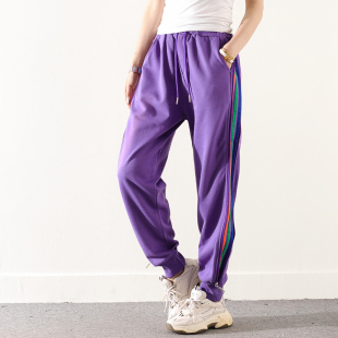 女运动宽松显瘦休闲裤 抽绳松紧腰纯棉条纹卫裤 新款 皇森2025春季