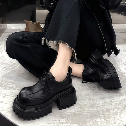 厚底大头鞋女2026新款黑色百搭系带乐福皮鞋简约风小个子增高单鞋