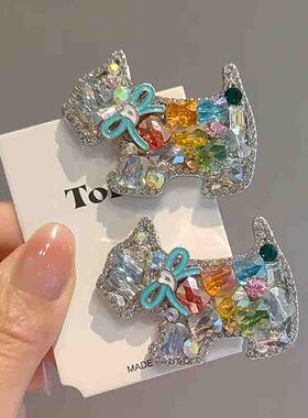 韩系重工小狗水晶发夹精致发卡鸭嘴夹甜酷少女侧边刘海碎发整理发