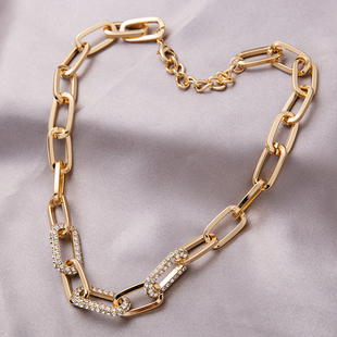 欧美夸张粗链条金属装饰卫衣项链短款锁骨链女古巴链满钻潮毛衣链