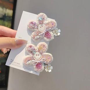 甜美少女多巴胺彩钻蝴蝶结笑脸发夹新款 侧边鸭嘴夹前额碎发刘海夹