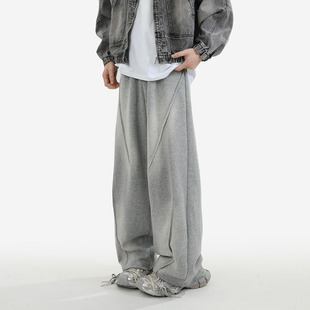 XWWF灰色卫裤男款冬季美式潮牌宽松直筒裤子垂感休闲加绒阔腿长裤