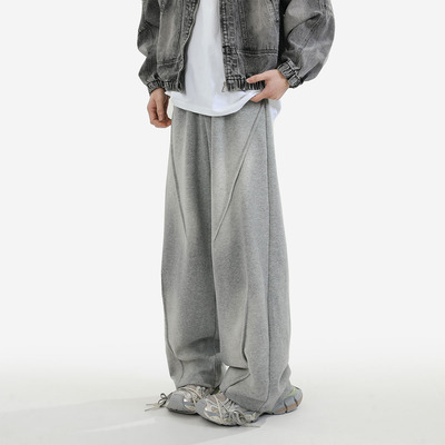 XWWF灰色卫裤男款冬季美式潮牌宽松直筒裤子垂感休闲加绒阔腿长裤
