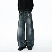 加绒潮牌复古宽松阔腿休闲长裤 男秋冬季 子 重磅直筒牛仔裤 XWWF美式