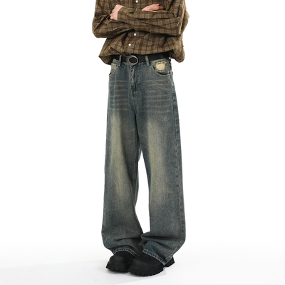 XWWF潮牌裤子男夏季美式高街复古蓝色做旧宽松直筒垂感阔腿牛仔裤