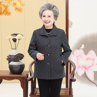 休闲风翻领毛呢外套女中老年妈妈装灰色花色修身长袖上衣薄呢子