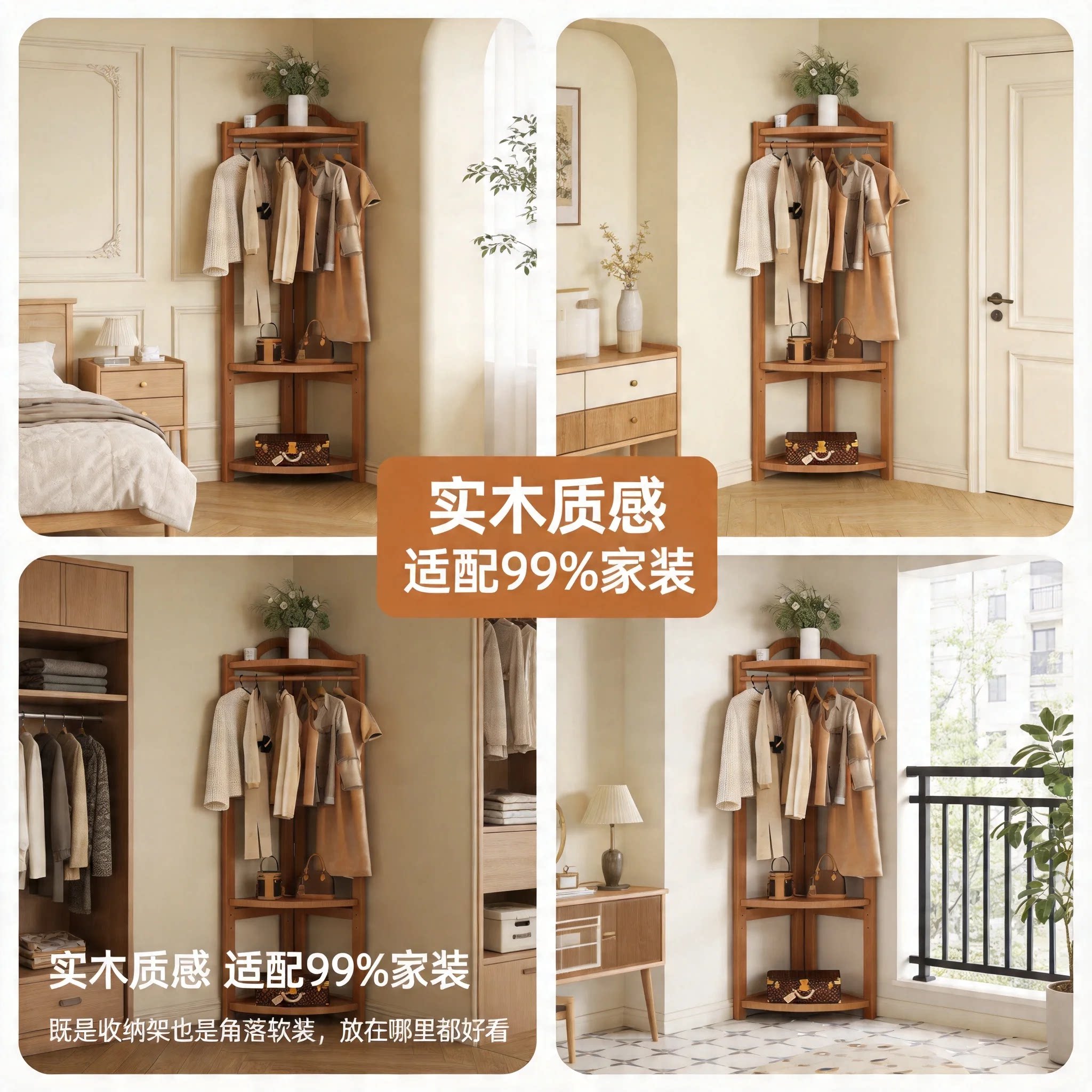 实木转角衣帽架落地卧室墙角挂衣架简易置物架家用拐角置物挂包架