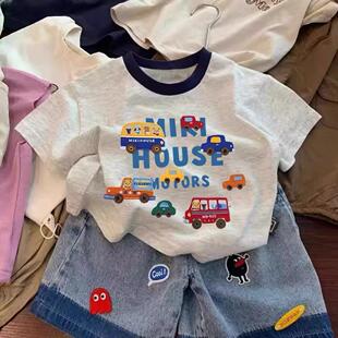 韩版 2026新款 棉t恤卡通车队打底衫 男童女童短袖 印花上衣 儿童夏季