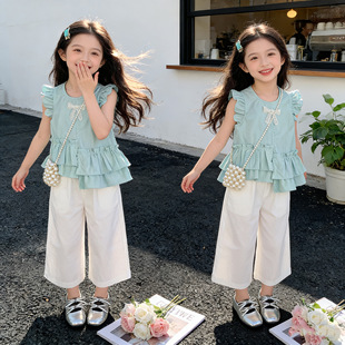 儿童洋气小飞袖 2026新款 套装 两件套潮 夏装 牛仔短裤 娃娃衫 女童夏季