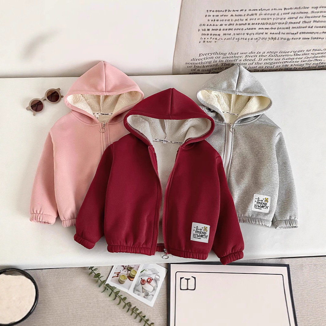 2025秋冬款男女童连帽加绒纯色外套中小童带帽韩版拉链衫加厚上衣