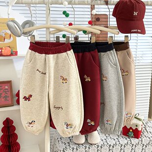 儿童卫裤春秋新款棉质休闲运动束脚裤子高腰卡通绣花女童阔腿长裤