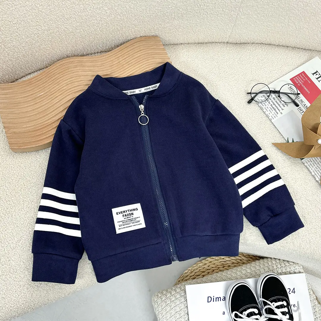 儿童外套春秋新款夹克男女宝宝中大童条纹拉链衫百搭简约休闲开衫