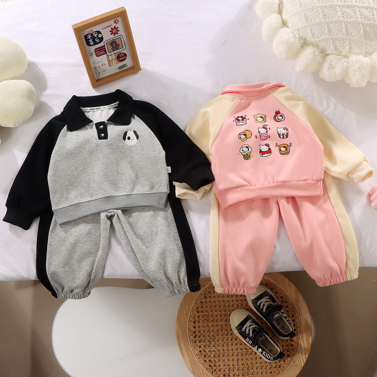 儿童2024春秋款儿童卡通印花套装时尚可爱长袖男童女童卫衣POLO杉,童装/婴儿装/亲子装,套装,淘宝优惠券,粉丝福利购,淘宝优惠卷
