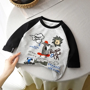 儿童纯棉长袖 T恤春秋洋气外穿拼接上衣中小童宝宝卡通百搭打底衫