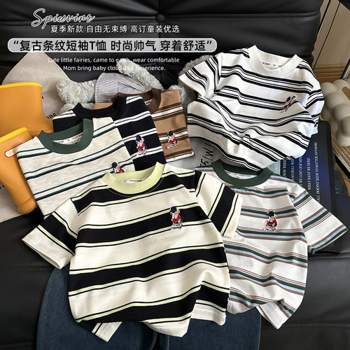 儿童纯棉刺绣短袖T恤夏季潮帅气宽松白色女宝宝男童男孩夏装上衣