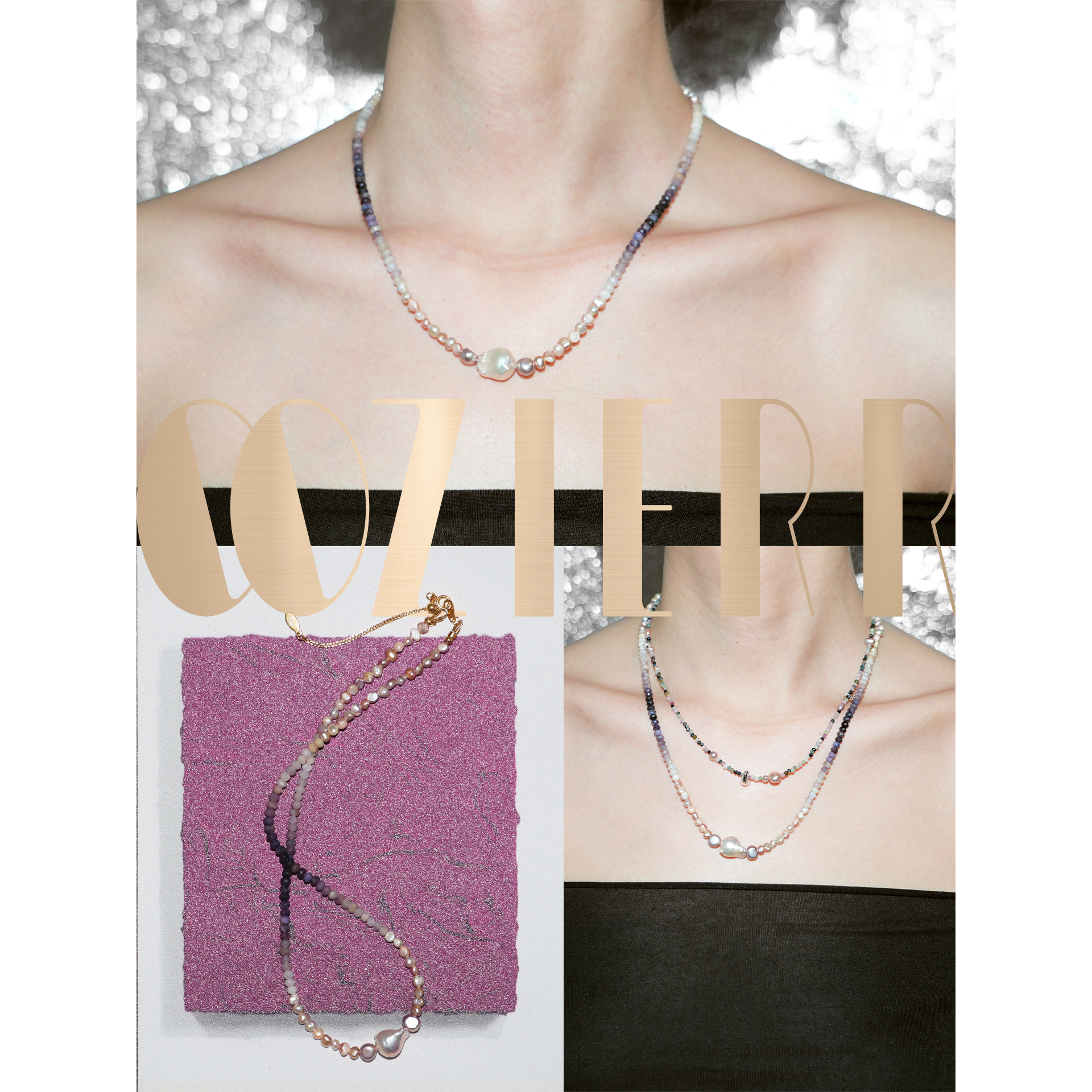 oozierr太紫 天然巴洛克珍珠渐变粉紫葡萄石项链高级珍珠锁骨链