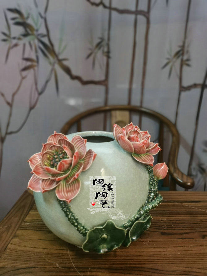 陶瓷工艺品 石湾公仔 荷花瓶 中国风 中式家居