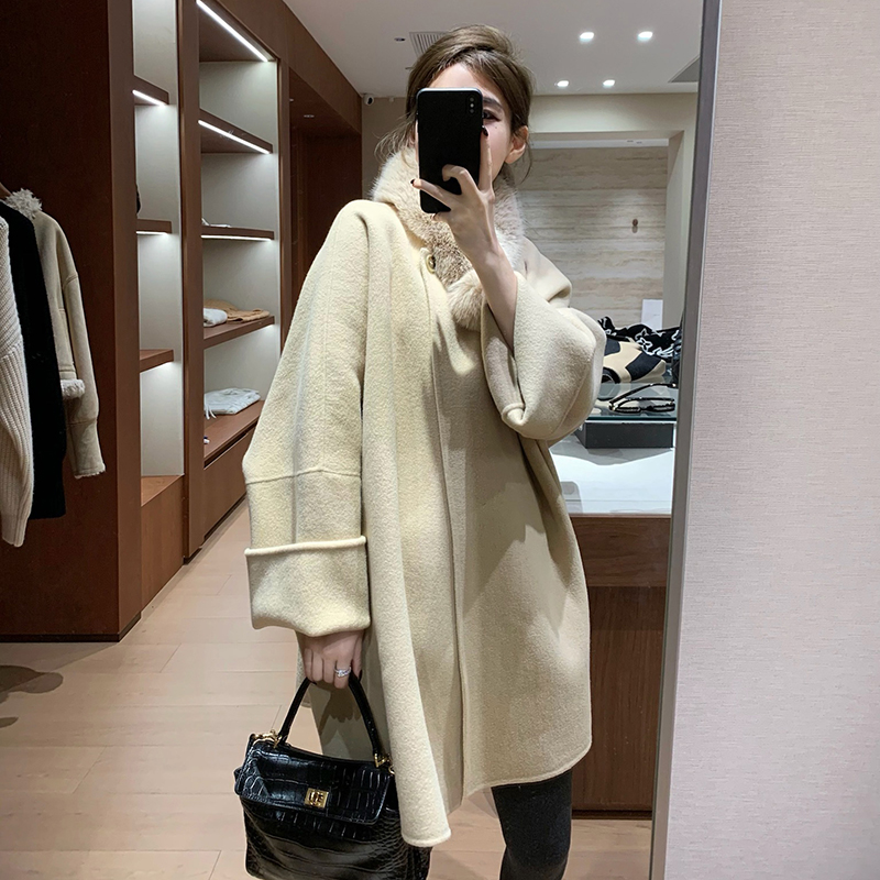 EASE 韩系气质宽松中长款大衣+水貂毛围脖 2024年冬季新款