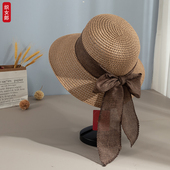 度假防晒帽女夏季 遮阳帽防紫外线优雅飘带蝴蝶结太阳帽沙滩草帽子