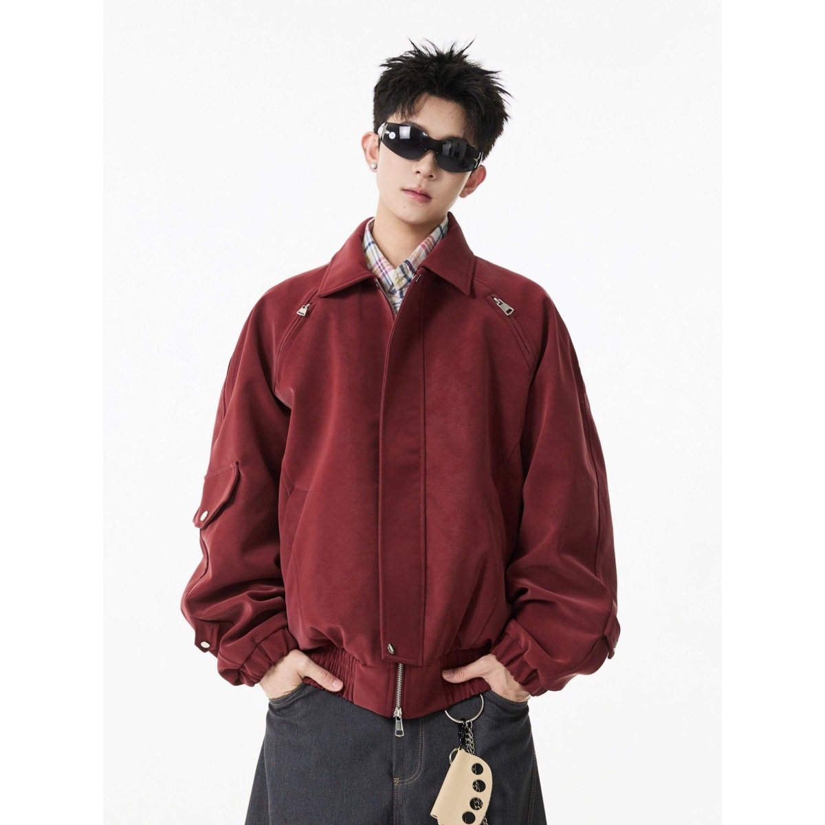 美式高街扎染皮上衣夹克男潮牌痞帅拉链设计感机车服外套