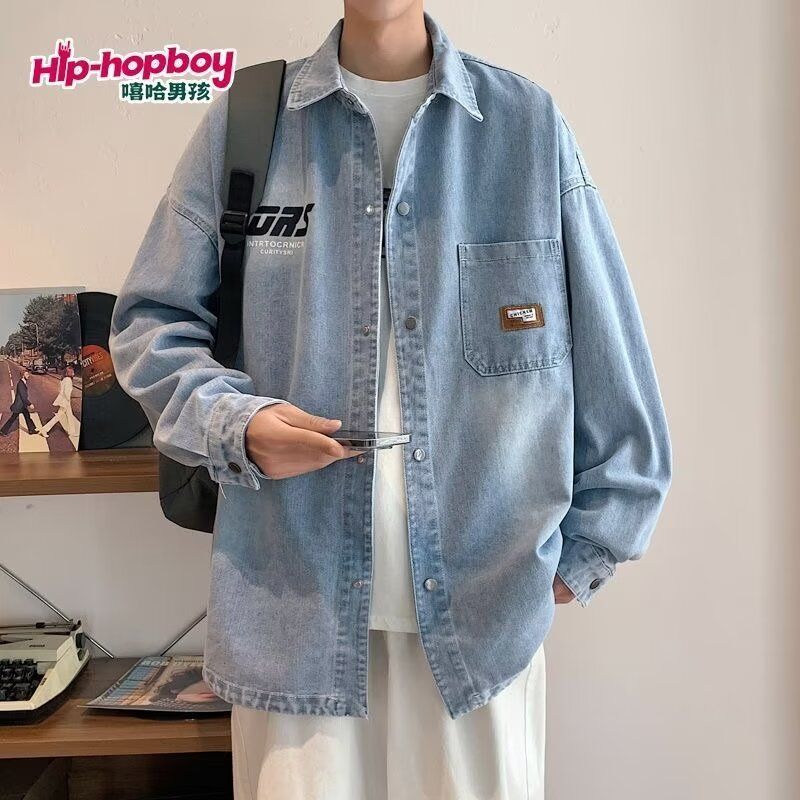 男友风牛仔衬衫男款套装春秋季宽松潮流复古外套男装一套搭配穿搭