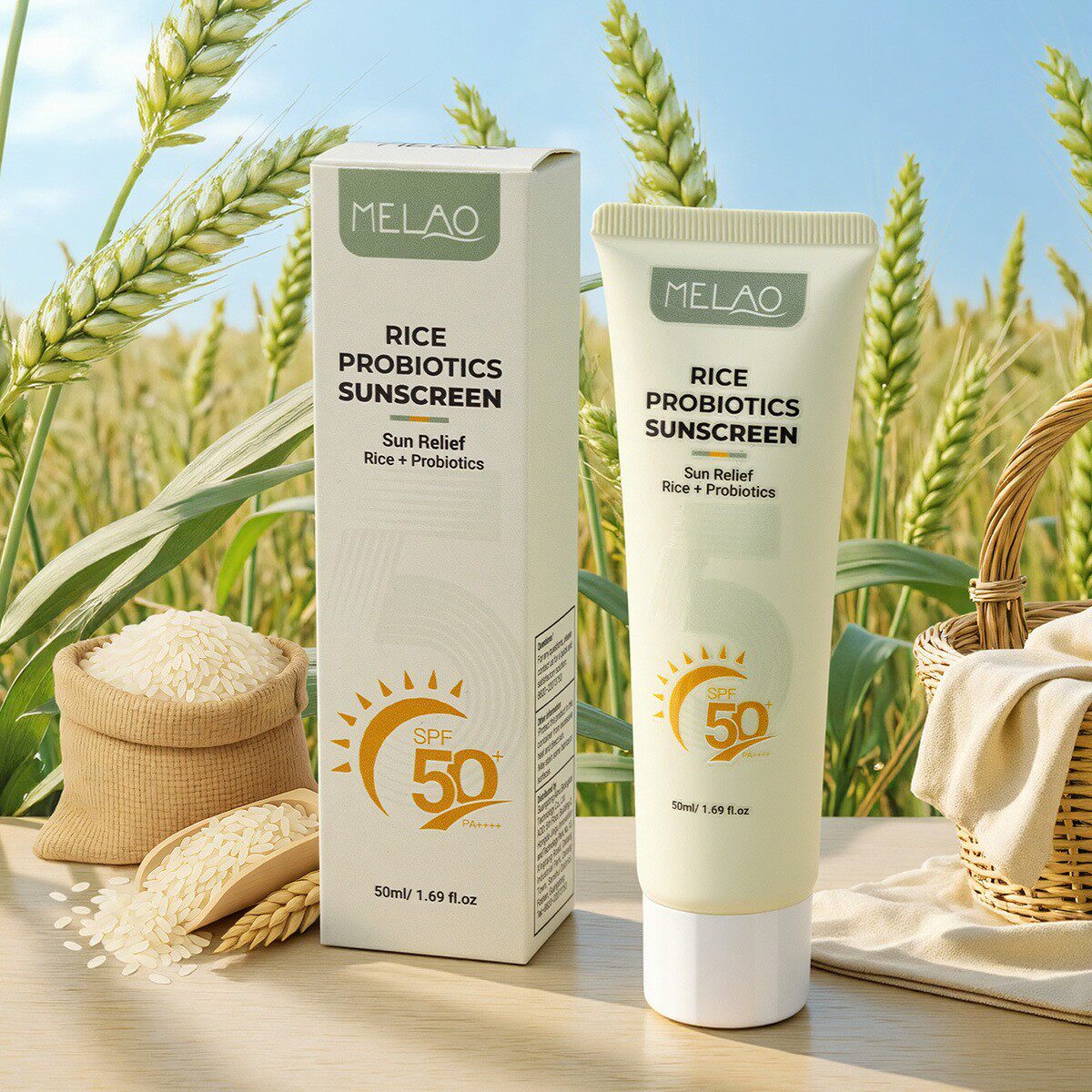 3支 跨境新品大米益生菌防霜SPF50+全身可用50ml高倍乳液防现货晒