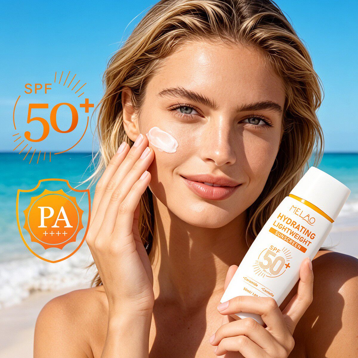 跨境SPF50+轻盈防霜抵御紫外线不假白清爽全身防乳50ml晒