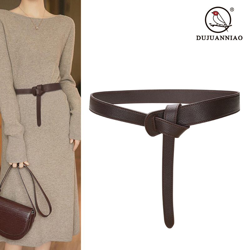 双面头层牛皮腰带女打结百搭装饰裙带真皮皮带收腰配毛衣外套跨境