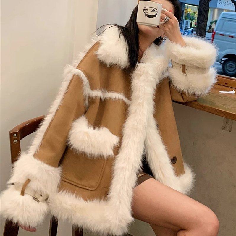 2024年新款仿狐狸毛加厚毛领环保皮草毛毛大衣皮毛一体外套女冬季