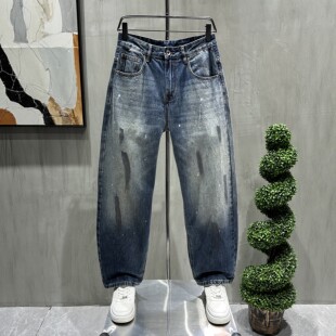 重磅泼墨油漆水洗美式痞帅炸街潮牌牛仔裤男士宽松直筒裤子男长裤