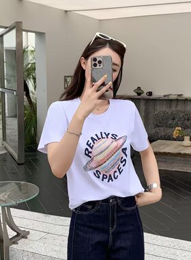 卡玛娅短袖t恤女2025夏新款圆领烫钻字母宽松减龄上衣大码女3019
