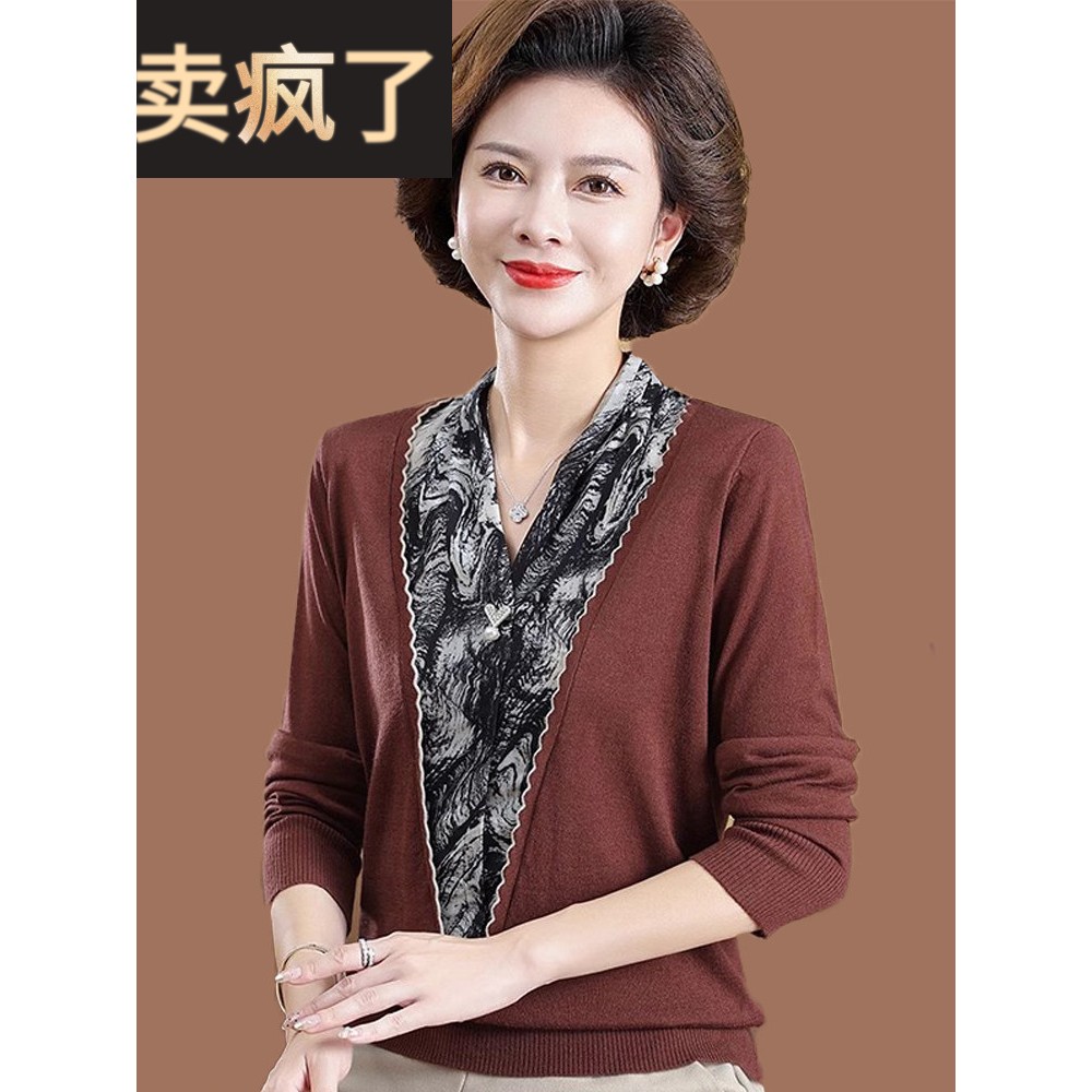 2025新款中老年女装翻领长袖T恤衫50岁穿中年妈妈秋装假两件上衣