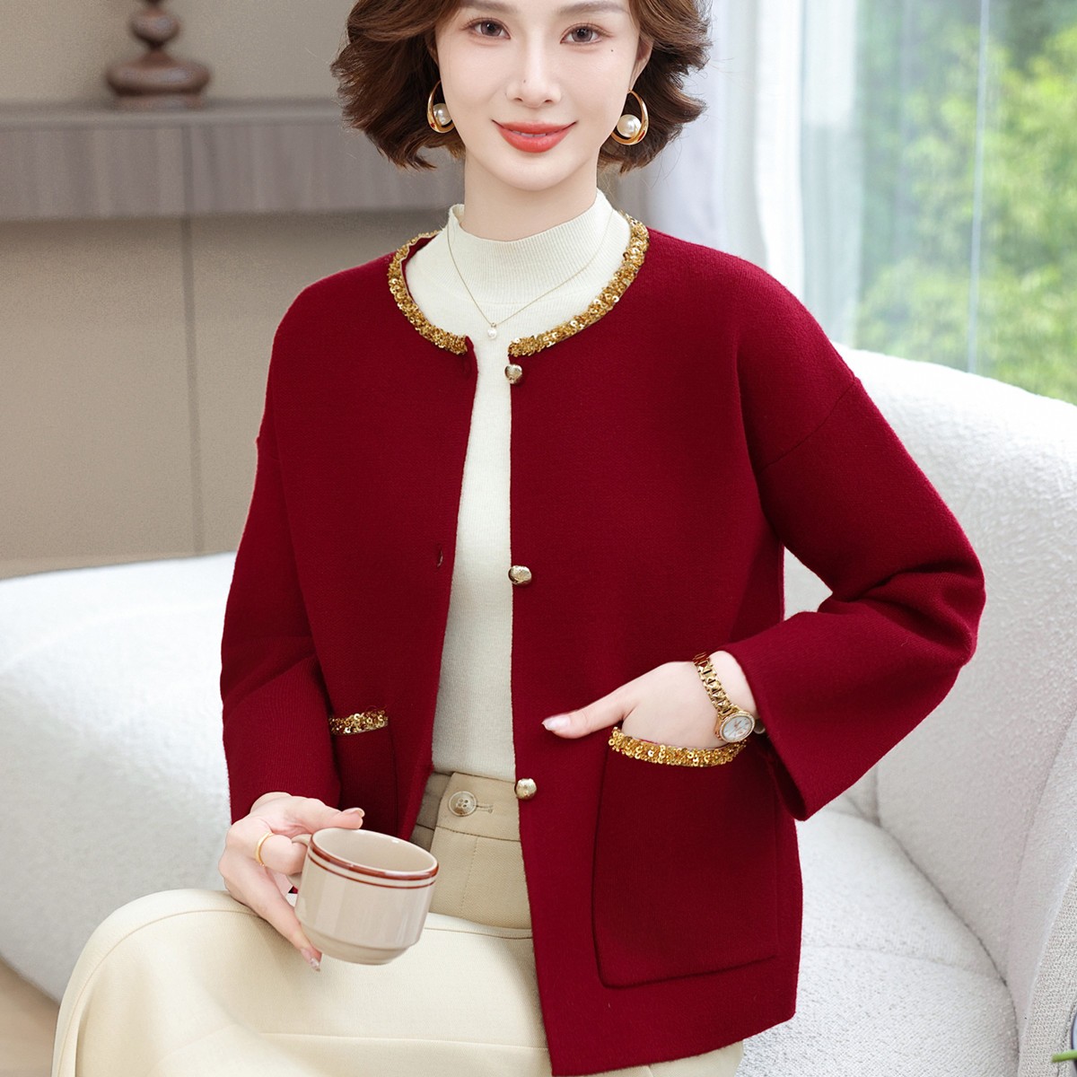 新款妈妈结婚礼服春装毛衣外套装洋派女喜婆婆订婚宴红色上衣服穿