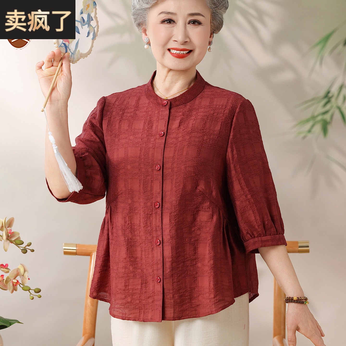 中老年七分袖亚麻棉麻上衣新款夏装套装妈妈高端女装大码奶奶衬衫