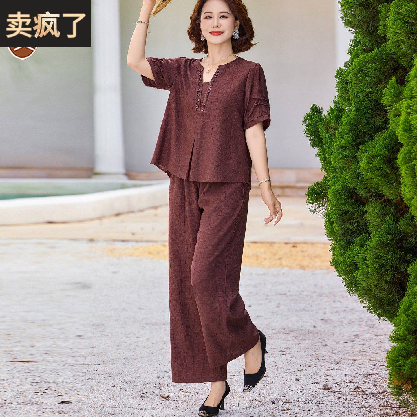 中老年人2026新款女装短袖高端天丝亚麻上衣夏装洋气妈妈棉麻套装
