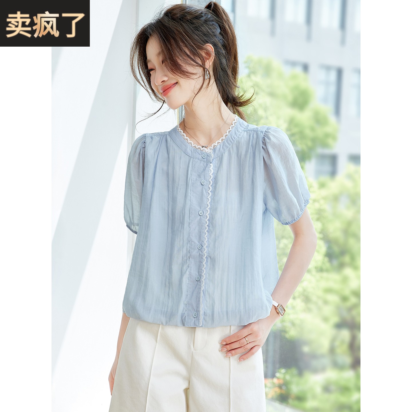 2025新款爆款夏季小个子纯棉短袖衬衫上衣女洋气别致漂亮粉色小衫