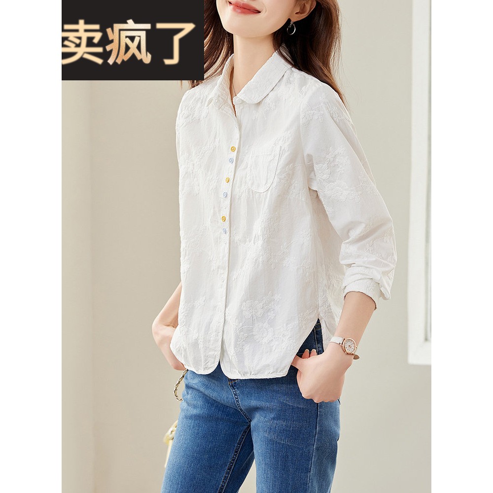 重绣花Polo领棉白色长袖衬衫多用途上衣春天新法国棉衬衫为妇女