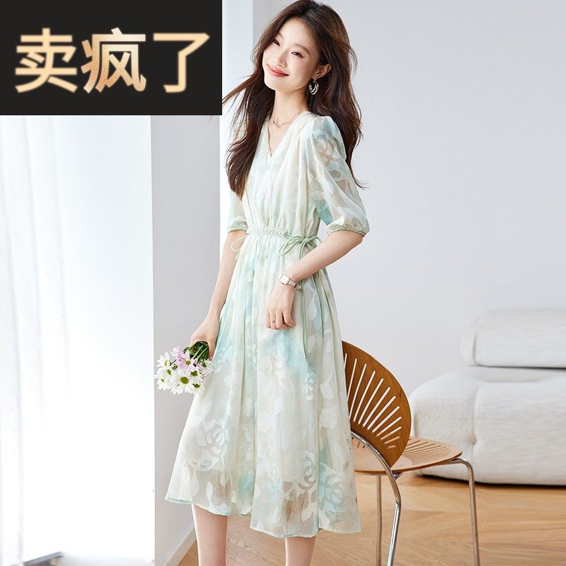 夏日绝美巨好看的小裙子2025新款今年流行漂亮绑带收腰薄纱连衣裙
